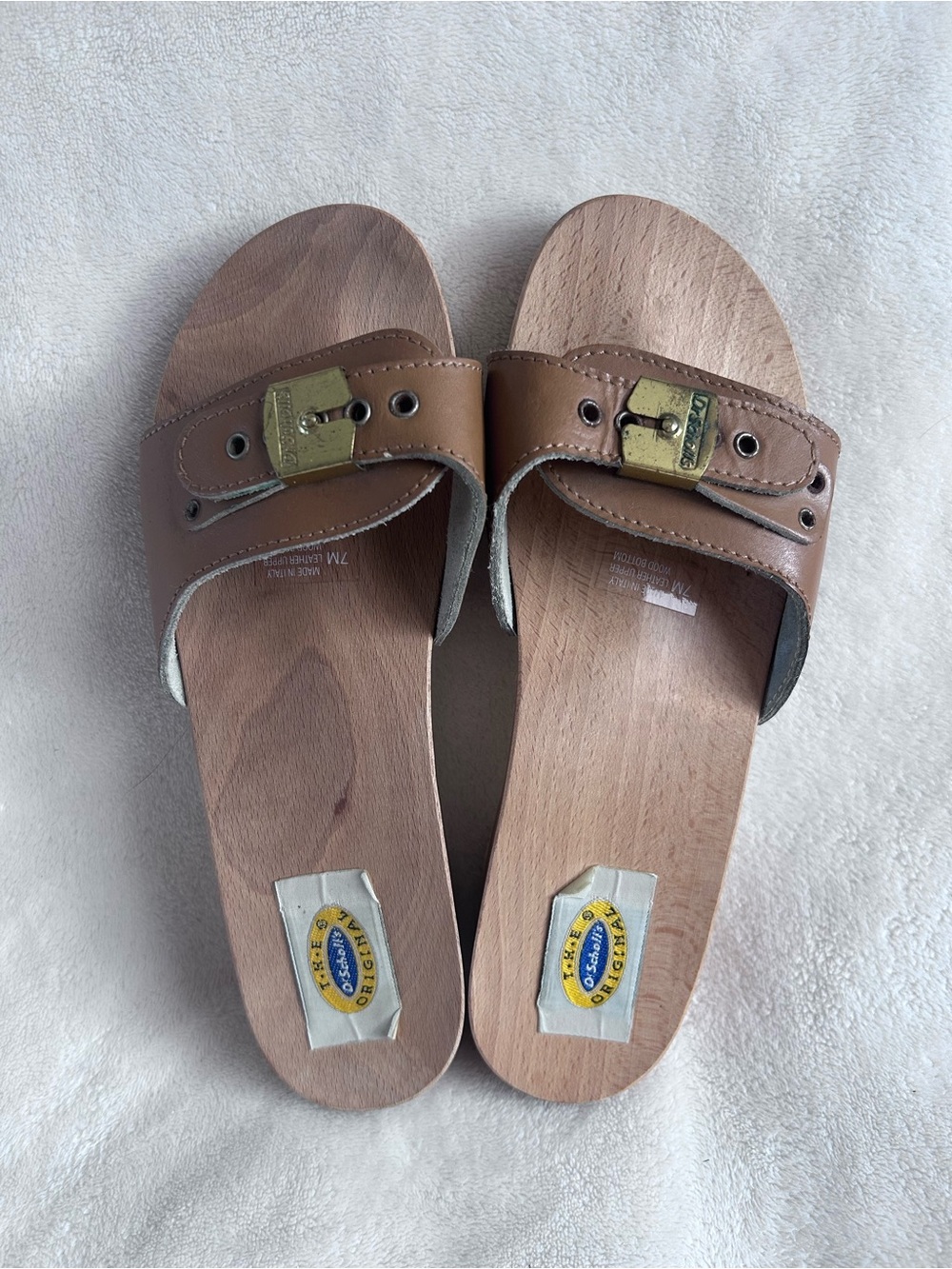 Dr. Scholl's Modern Brown Leather Slide Sandals with Brass Buckle and Wood Sole